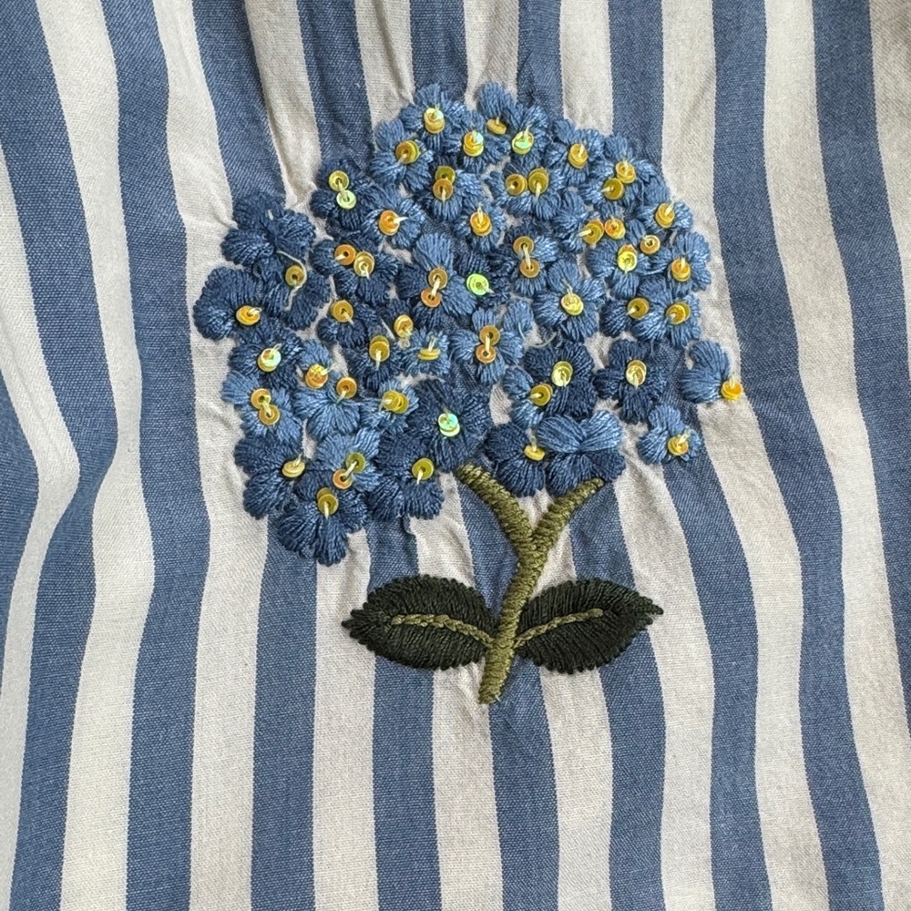 Pink Chicken Striped Blue & White Flutter-Sleeve Kids Dress w/ Floral Appliqué - Picture 3 of 7